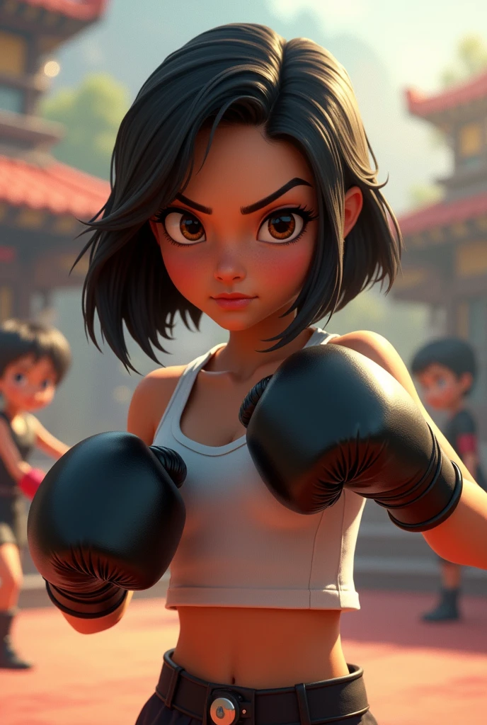 young girl, maiden, brunette with shoulder-length black hair, dark brown eyes, in a fighting position with black boxing gloves, determined, confident, pixar version