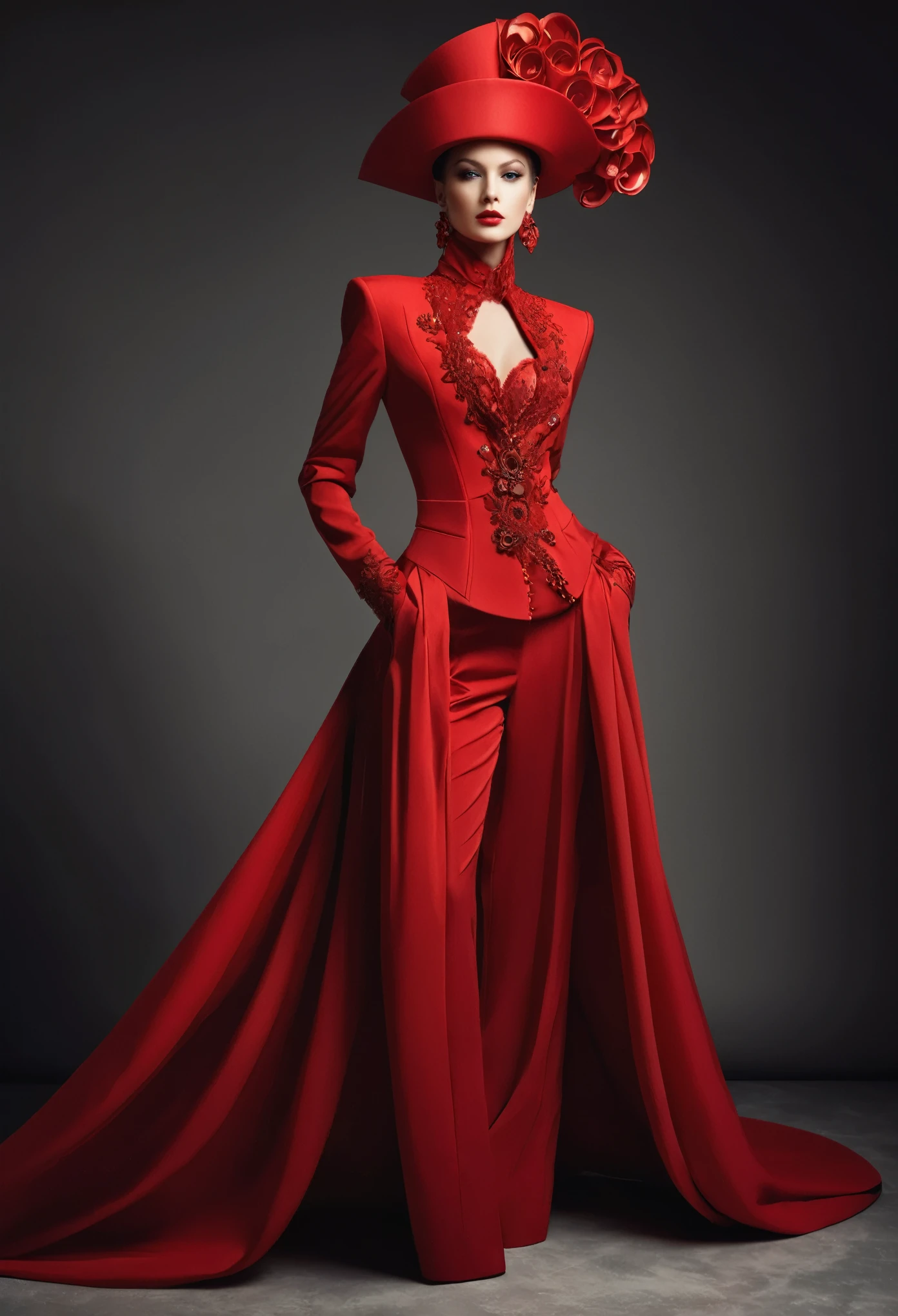 beautiful sexy woman, beautiful avant-garde style, full length , Beautiful red clothes ,  Accessories 