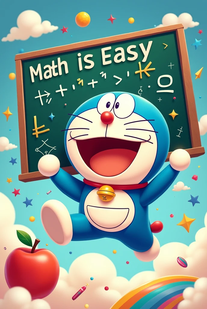 Make a poster with the theme "Math is easy" (Please draw it with Doraemon characters) 