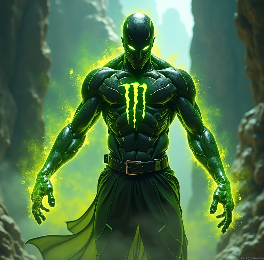 add black, green fluorescent and ywllow colors to the main character of the added picture, adding ¨Monster Energy¨ drink logo concept colors