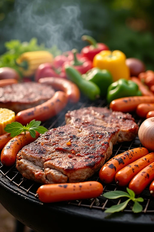 barbecue、ingredients、Colorful vegetables and meat、food、cooking、Juicy、corn、paprika、green pepper、onion、looks delicious、Clear images、Grilled meat
