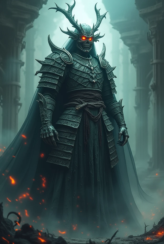 a spectral samurai in dragon bone armor, with very marked bones, His armor is made of bones