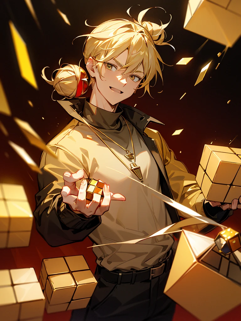 blonde hair, golden eyes, hair tied up into a bun, yellow detailed light from rubiks cube, casual outfit, jacket,, mature male, muscular, joyful expression, yellow rubiks cube, red gem necklace big red gem, red gem on chest