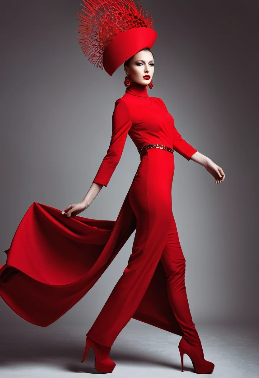 beautiful sexy woman, beautiful avant-garde style, full length , Beautiful red, Silk, transparent, flying clothes , Accessories ,Bag,