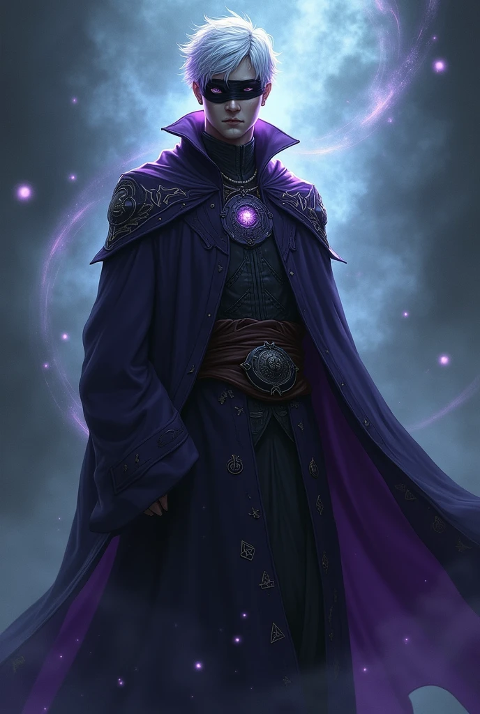 A male wizard with short white hair with purple highlights with his face covered by a blindfold covering his left eye.