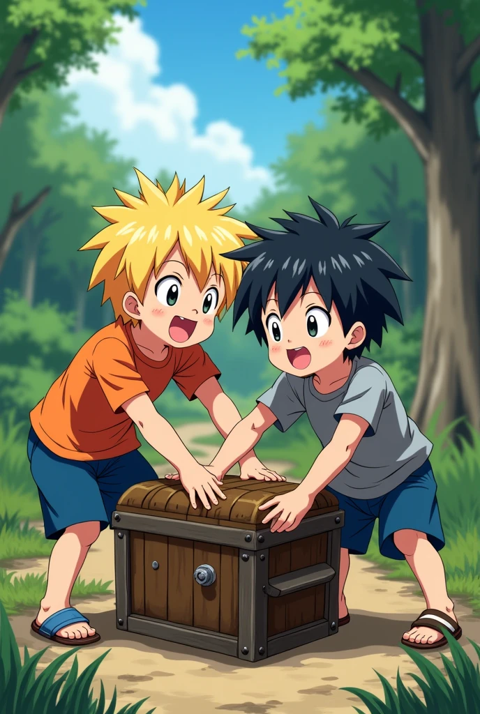 The boys excitedly dig around the chest with their hands.Anime styles 1 boy have golden hair and one have black hairs the golden hair boy wear an orange t-shirt and blue shorts and the black hair boy wear a grey shirt and blue shorts