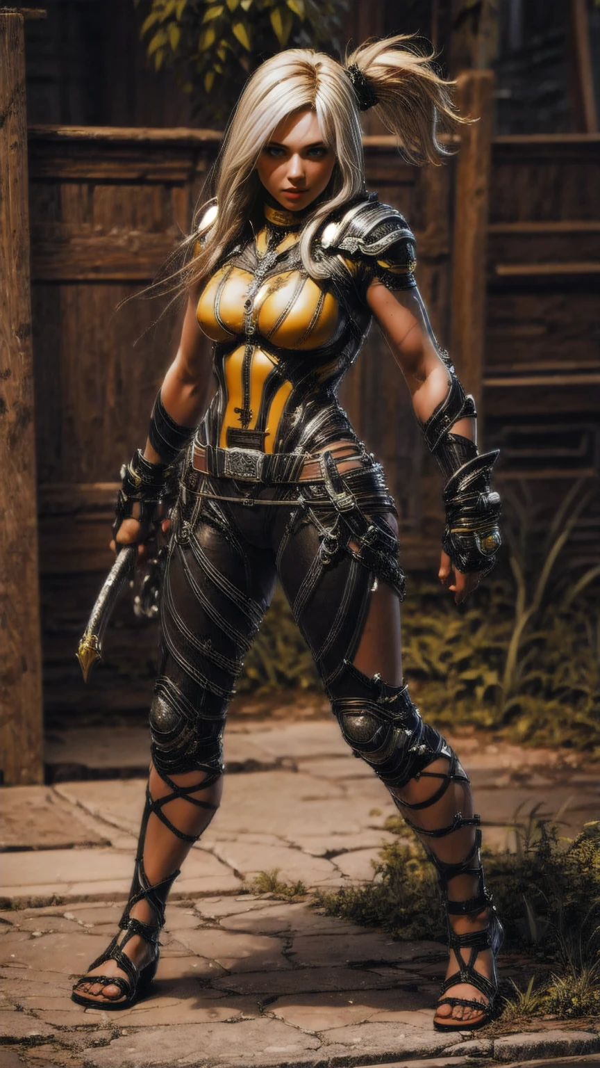 a woman in various combat poses, long straight yellow hair, human anatomy, perfect posing, wide angle, full length portrait, highly detailed, intricate details, cinematic lighting, dramatic shadows, small bust, powerful stance, intense expression, dynamic motion blur, detailed fabric textures, leather armor, fantasy weapon, photorealistic, 8k, hyper realistic, digital art, master study, concept art, strong_negative, elena_so6