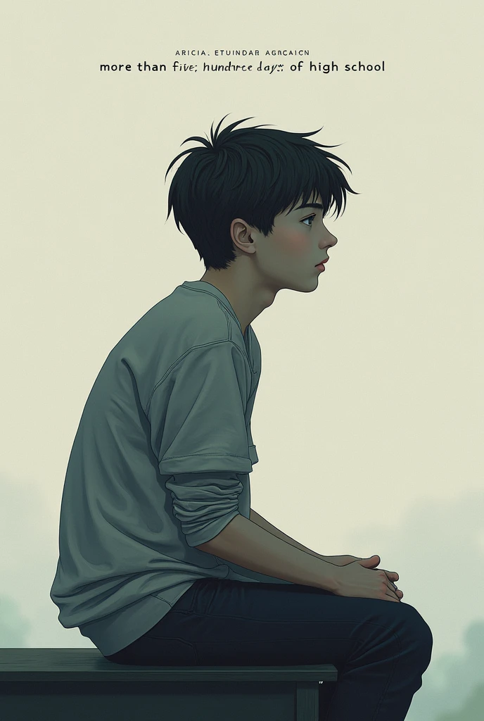 Create an image that has to do with a  boy sitting looking into nothing and on that image, This writing More than five hundred days of high school. Appropriate size to put as a Wattpad cover. 512px by 800px