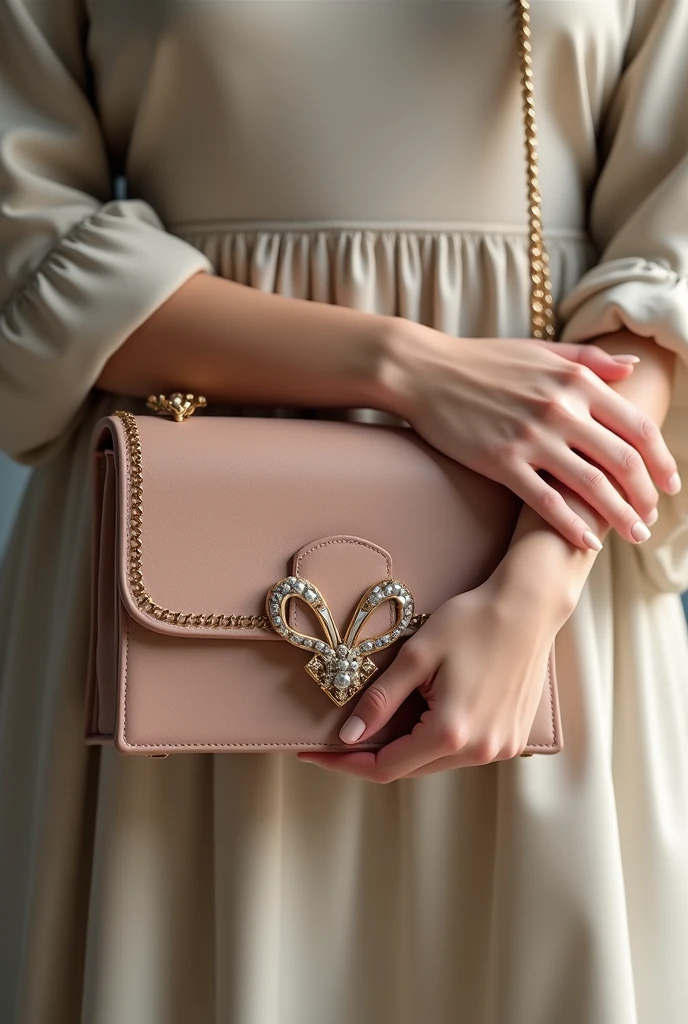Beautiful woman&#39;s hands holding a handbag。
