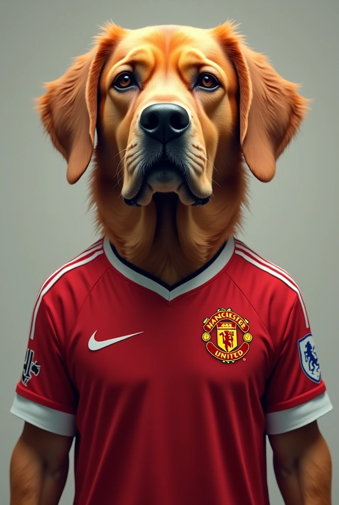 A red furred dog wearing Man United shirt, crying, shedding tears. 4k , Hyperrealistic