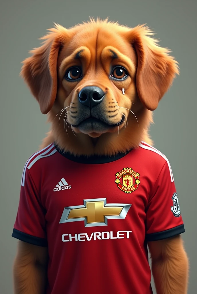 A red furred dog wearing Man United shirt, crying, shedding tears. 4k , Hyperrealistic