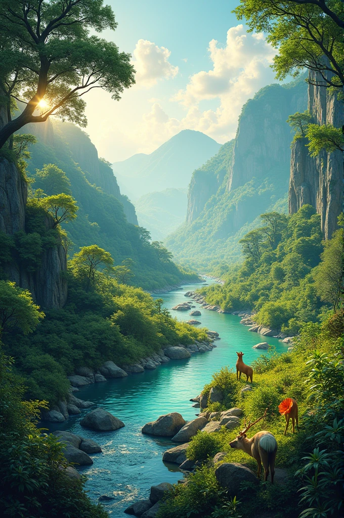 

**Prompt:**  
"A realistic photograph of a lush valley filled with diverse flora and fauna. Serpentine rivers weave through the landscape, while the sun's gentle illumination enhances the natural beauty. Animals coexist peacefully in their natural habitat, creating a harmonious scene that captures the essence of a vibrant, untouched ecosystem."

