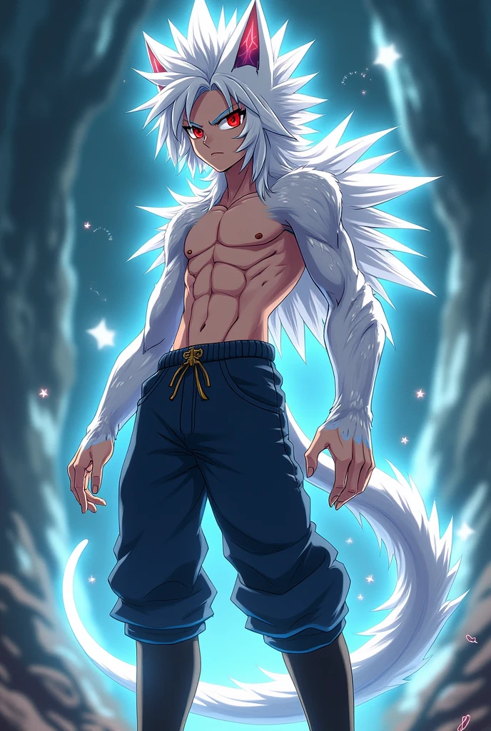 Teenagers with long, spiky hair reaching to the waist, spiky white hair,semi muscular,Red eyes,shirtless,Silver fur on his arms and part of his abdomen and pectorals,Jin&#39;s dark blue pants,white monkey tail,black boots(anime style,dragon ball)