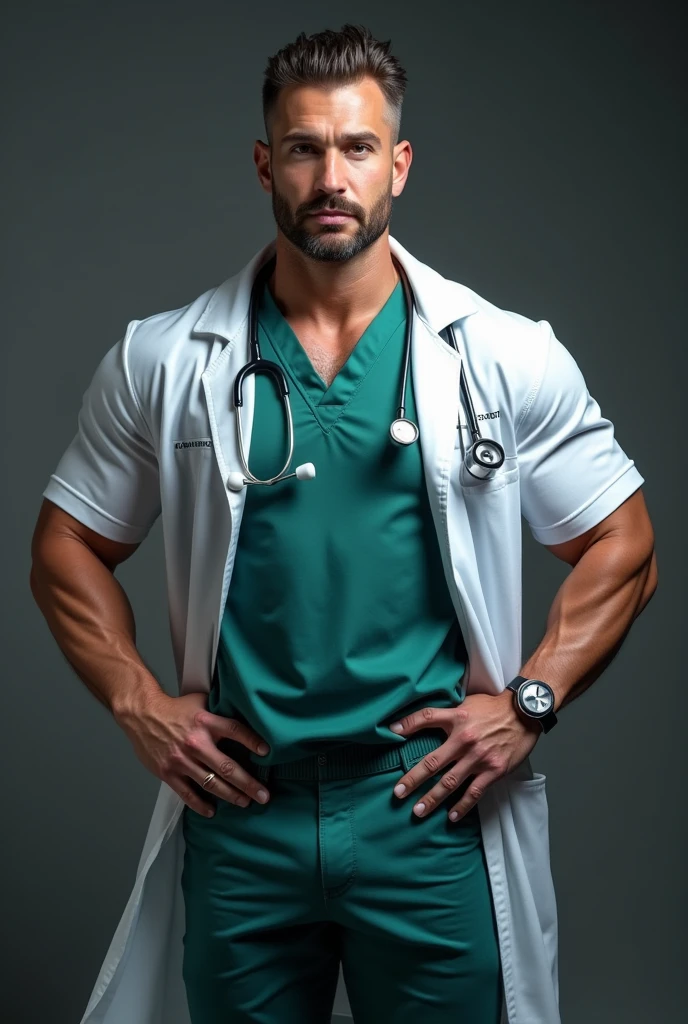 A muscular gym worker doctor, upto his waist ,full face view