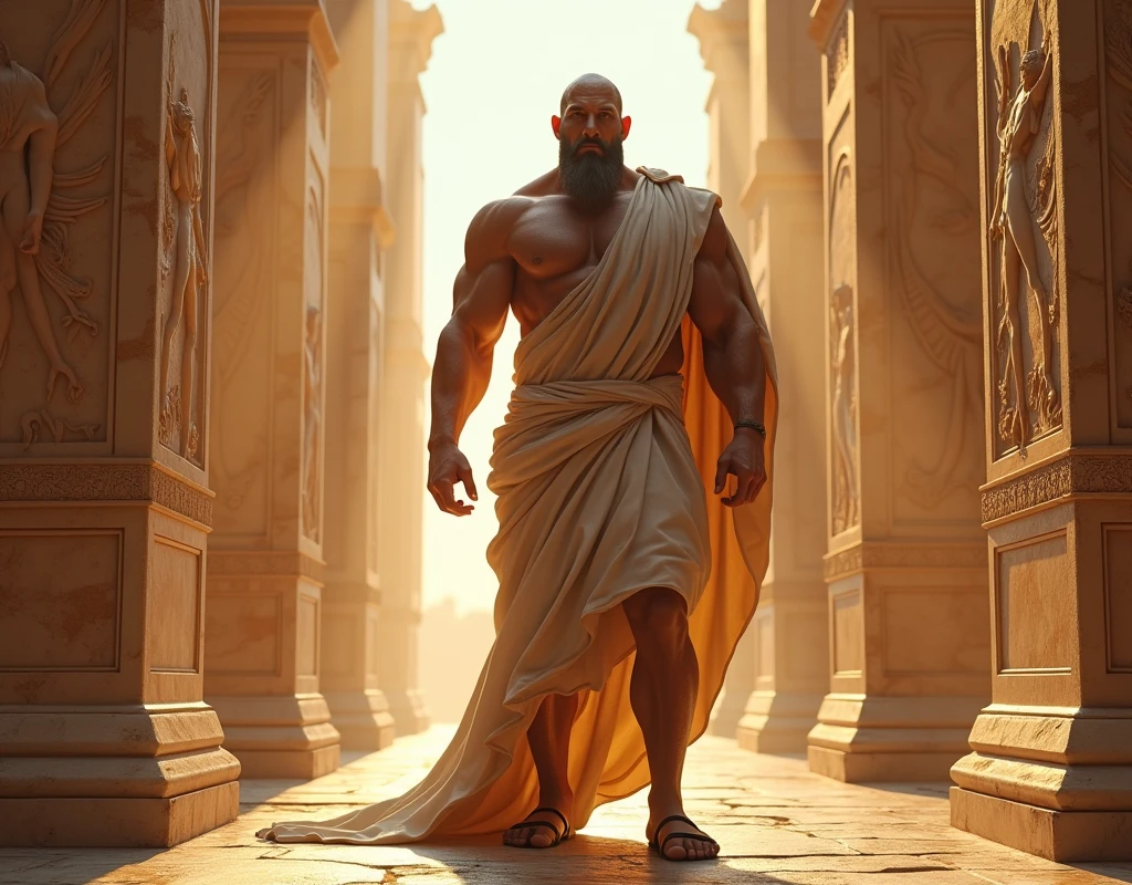 characters: Prometheus - Description: Prometheus - Epoch: Greek Antiquity - Clothing: Greek Tunic and Sandals - Place: Ancient Greece - Action: Presentation of Prometheus - Background: Ancient Greece - Map: Prometheus Close-up - Style: Hyper realistic, photographic realism, cinematography
