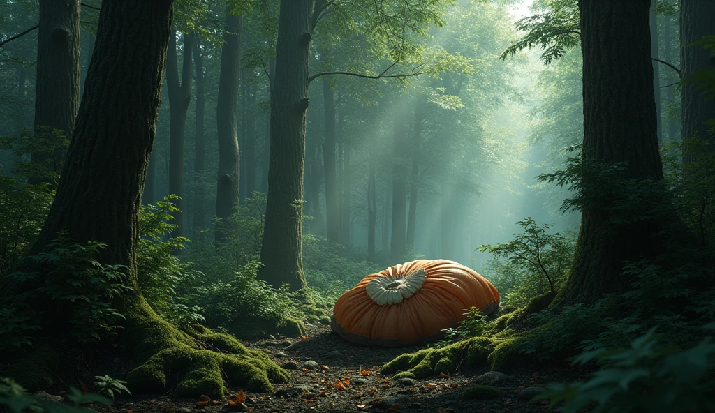 "An empty parachute lying on the forest floor, with trees and mystery surrounding it."

