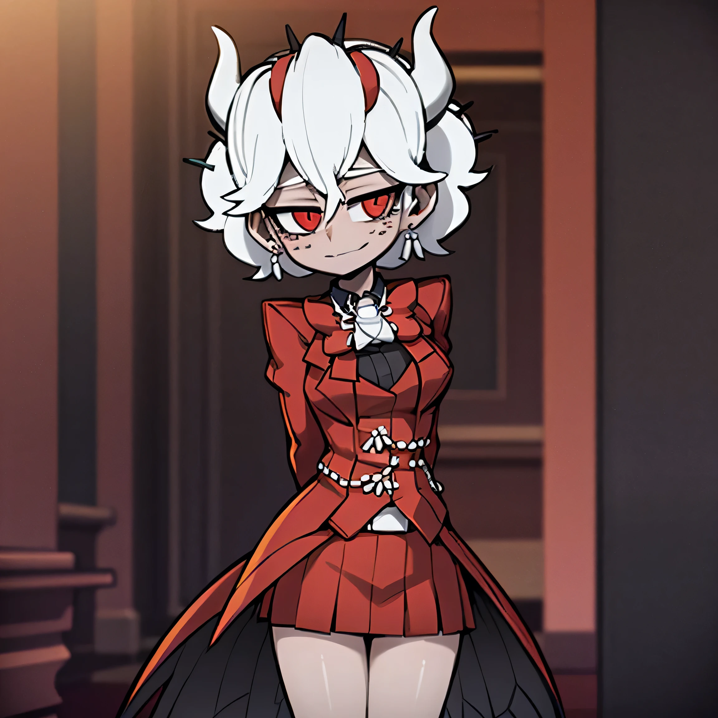 beelzebub(helltaker), red bowtie,1girl, looking at viewer, red eyes, demon horns, white hair, smile, earrings, closed mouth, demon girl, red gloves, gloves, jewelry, horns, white horns, solo, hair between eyes, cowboy shot, solo, short hair, school uniform, skirt, standing, leaning forward, arms behind back, smile, classroom