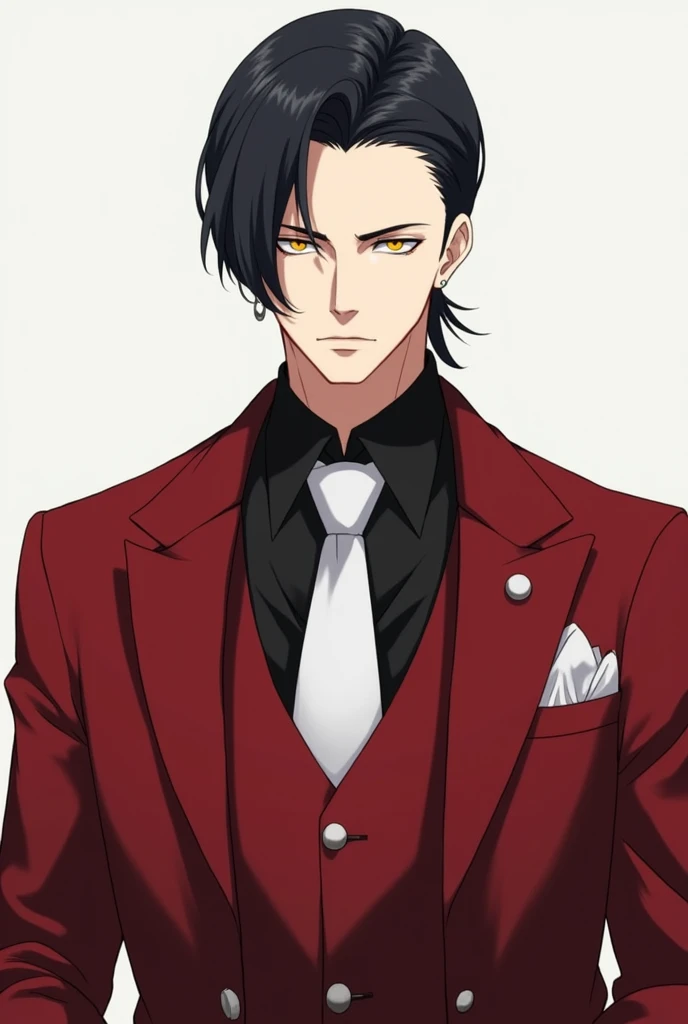 Create a 30-year-old anime-style character, with a serious face, skin fair, has black hair styled back with a strand of hair in front, the iris of your eyes is yellow, and his clothes are a black dress shirt, red vest, white tie, red jacket, red pants, black dress shoes, very small silver earrings