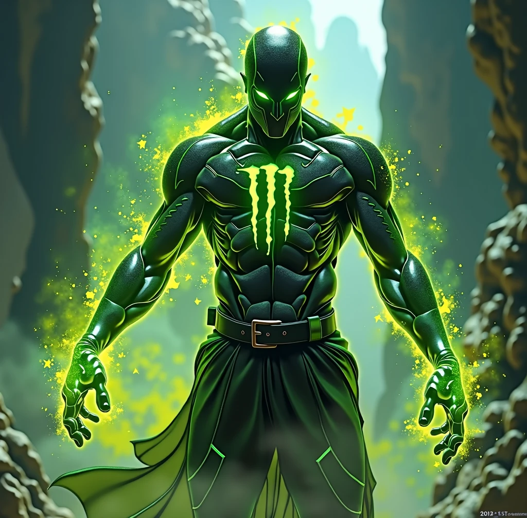 add black, green fluorescent and ywllow colors to the main character of the added picture, adding ¨Monster Energy¨ drink logo concept colors