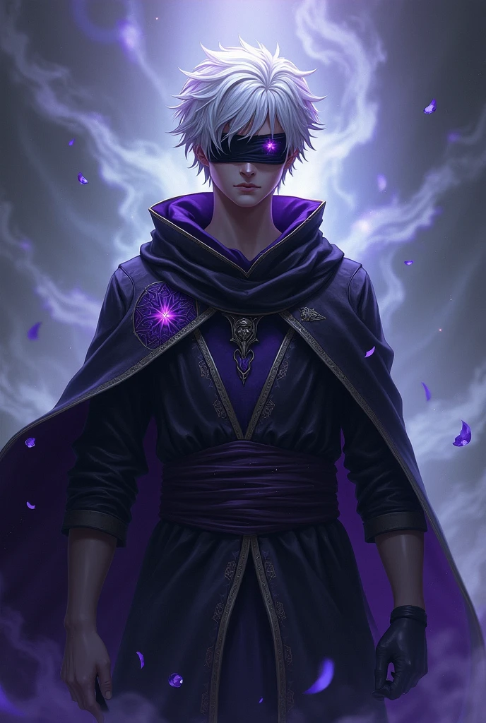 A male wizard with short white hair with purple highlights with his face covered by a blindfold covering his left eye.