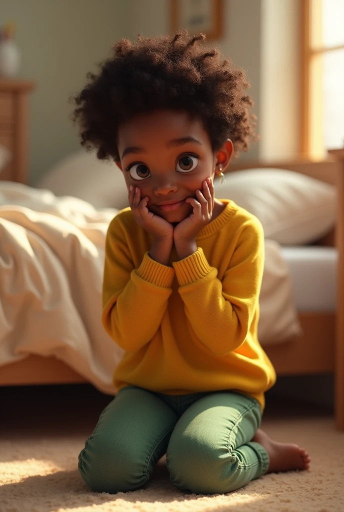 create a realistic image of a beautiful 1 black girl, her name is Anny(short curly hair, brown dark eyes, turned legs, yellow sweater, green jeans, bent at the bar), she is on her knees and legs together on the floor at the front of the bed in her room, Head a little down, eyes locked, hands together on the legs, sharp image with brightness