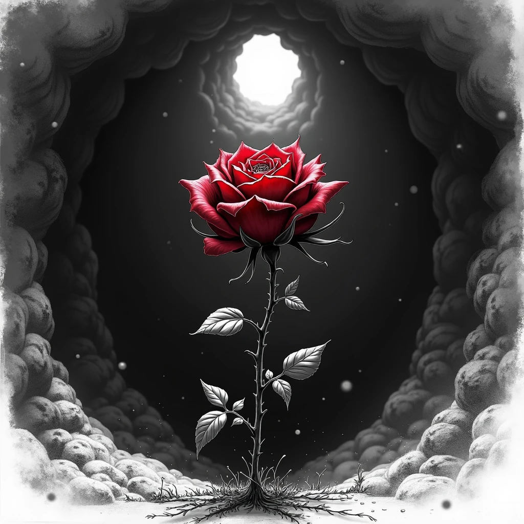 A whithering bloody rose-bud reaches towards the hole,dark deep pit,There is only a glimmer of light at the far entrance of the cave, Black and white, sketch