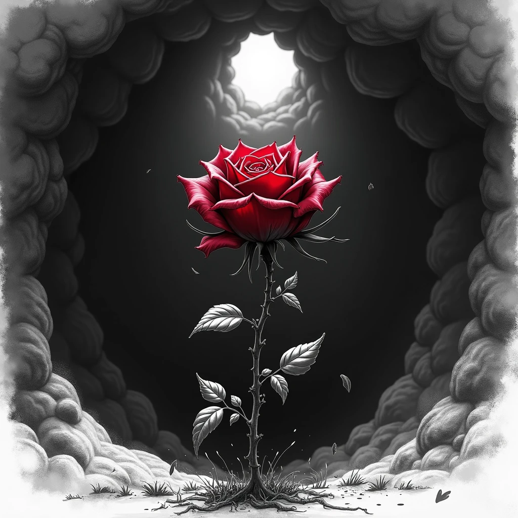 A whithering bloody rose-bud reaches towards the hole,dark deep pit,There is only a glimmer of light at the far entrance of the cave, Black and white, sketch