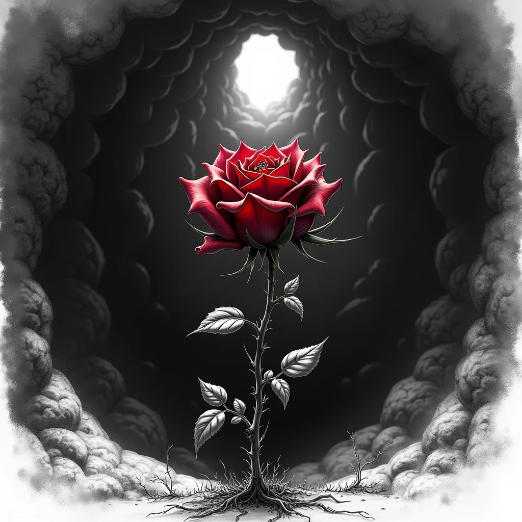 A whithering bloody rose-bud reaches towards the hole,dark deep pit,There is only a glimmer of light at the far entrance of the cave, Black and white, sketch