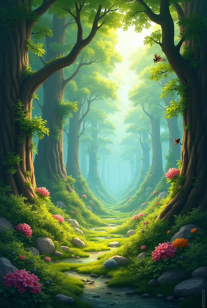 A lively forest with lots of trees and grass