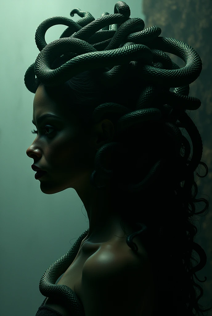 Medusa's head in silhouette with the snakes in her hair highlighted, sinuous curves and fine details. Large, expressive eyes in silhouette, with subtle details in the shape of the lips.