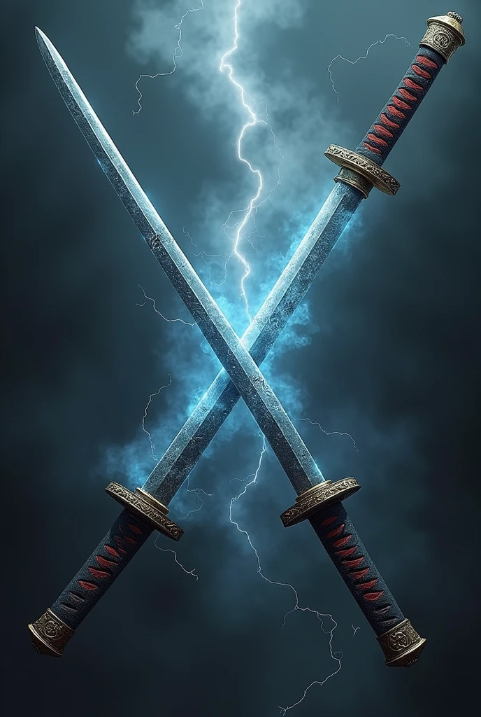 Create a katana bathed in darkness and another katana bathed in light, the two crossing each other