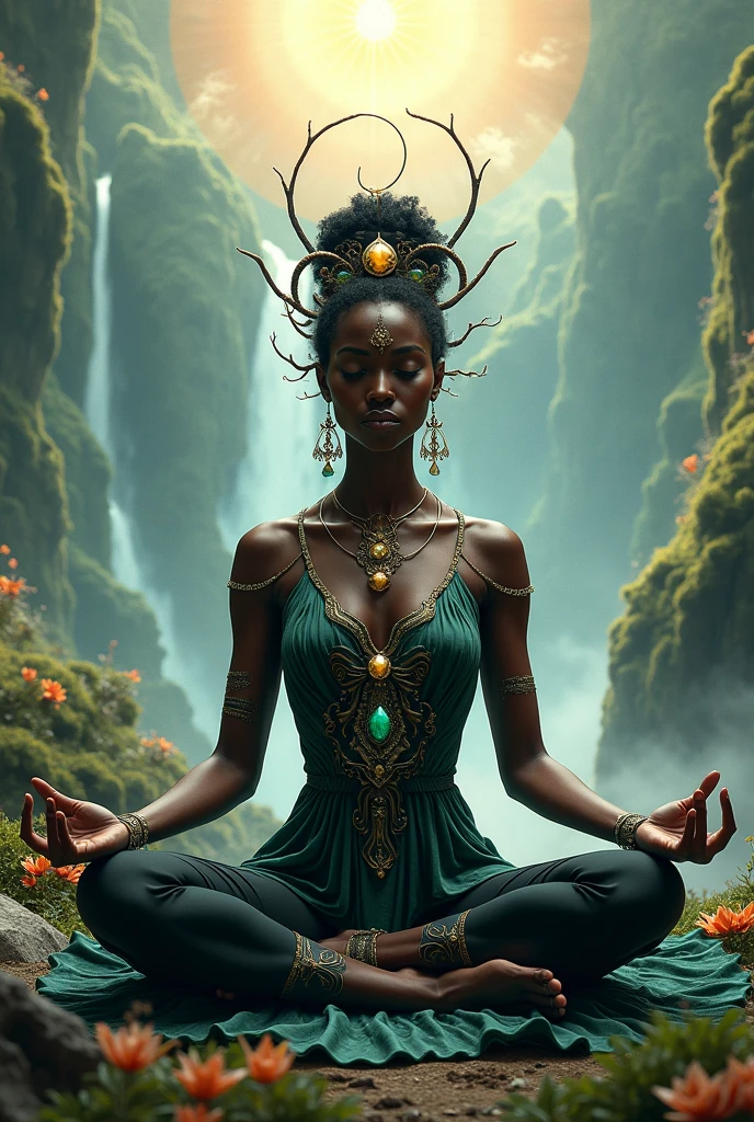 Powerful feminine black Godess caressing the bottom of her feet doing yoga on a beautiful magical landscape