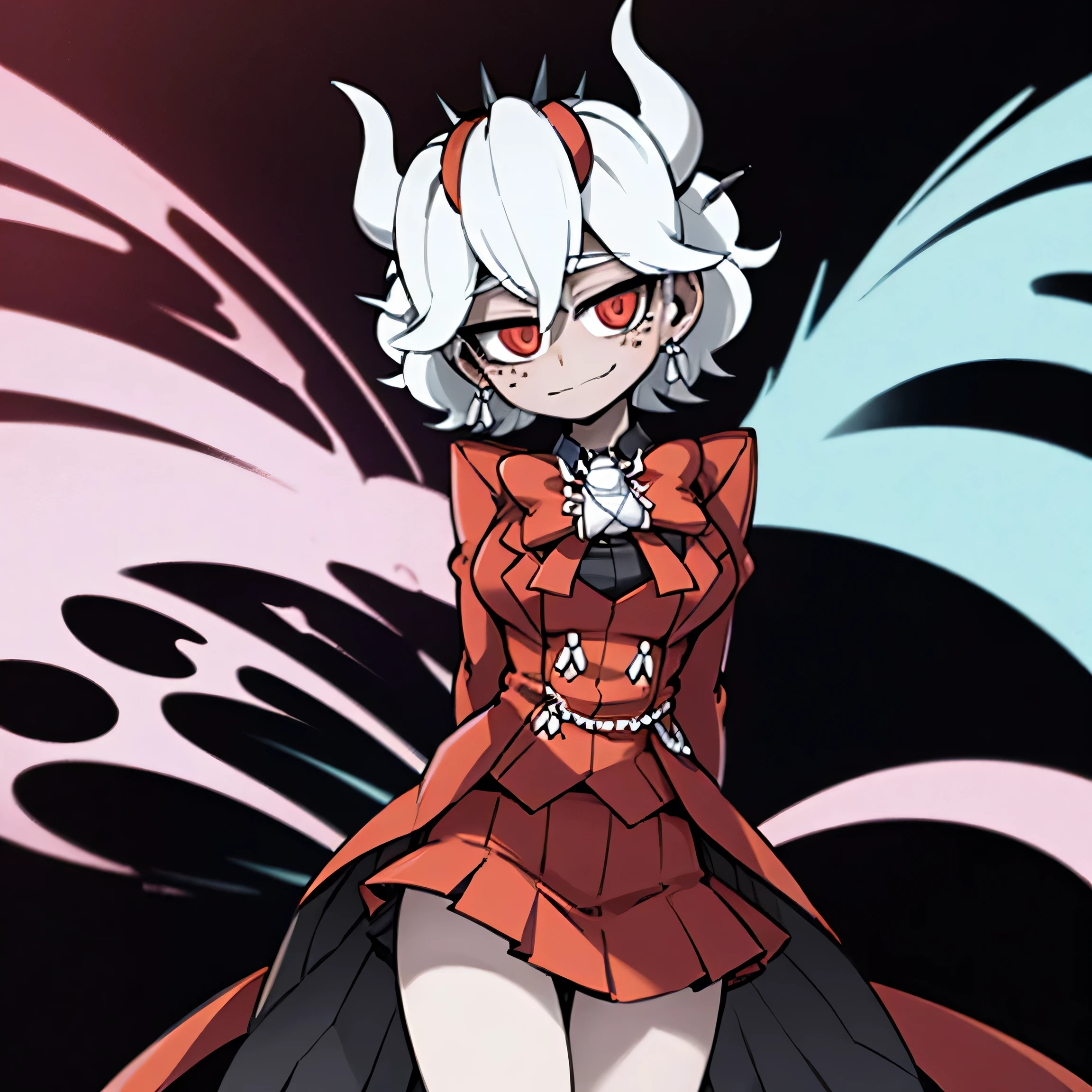 beelzebub(helltaker), red bowtie,1girl, looking at viewer, red eyes, demon horns, white hair, smile, earrings, closed mouth, demon girl, red gloves, gloves, jewelry, horns, white horns, solo, hair between eyes, cowboy shot, solo, short hair, school uniform, skirt, standing, leaning forward, arms behind back, smile, classroom