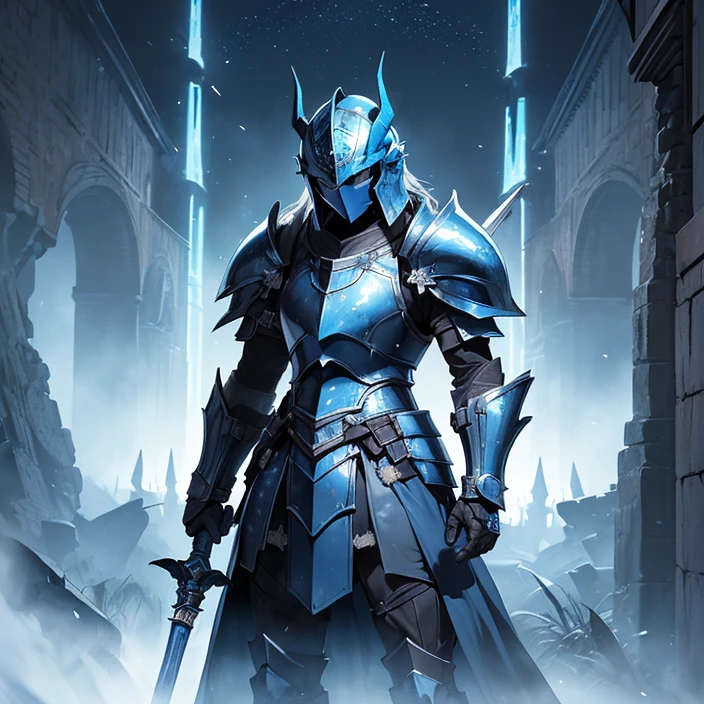 (masterpiece image), (very detailed image, (best high quality high definition image), (carefully detailed textures and pixels), (carefully detailed character and background), (alone character, solo), (HD), (High resolution), (Fantasy), (anime)
{{(1character: blue knight:((full head covered in helmet showing no face, no face and nothing more), body full covered in heavy blue knight armor)),((standing brave and strong),(willing to protect you and everyone)),((blue knight helmet), (helmet with two horns), helmet with a tail)), (blue steel knight cuirass), (blue steel armor skirt), (blue heavy steel shoulder plates), (blue arms armor), (blue gauntlets), (blue neck armor), (blue steel knight long boots))),((holding a long light-blue halberd with her right hand)),((morning at the danish castle wall), (on patrol), (standing confident and strong))}}
