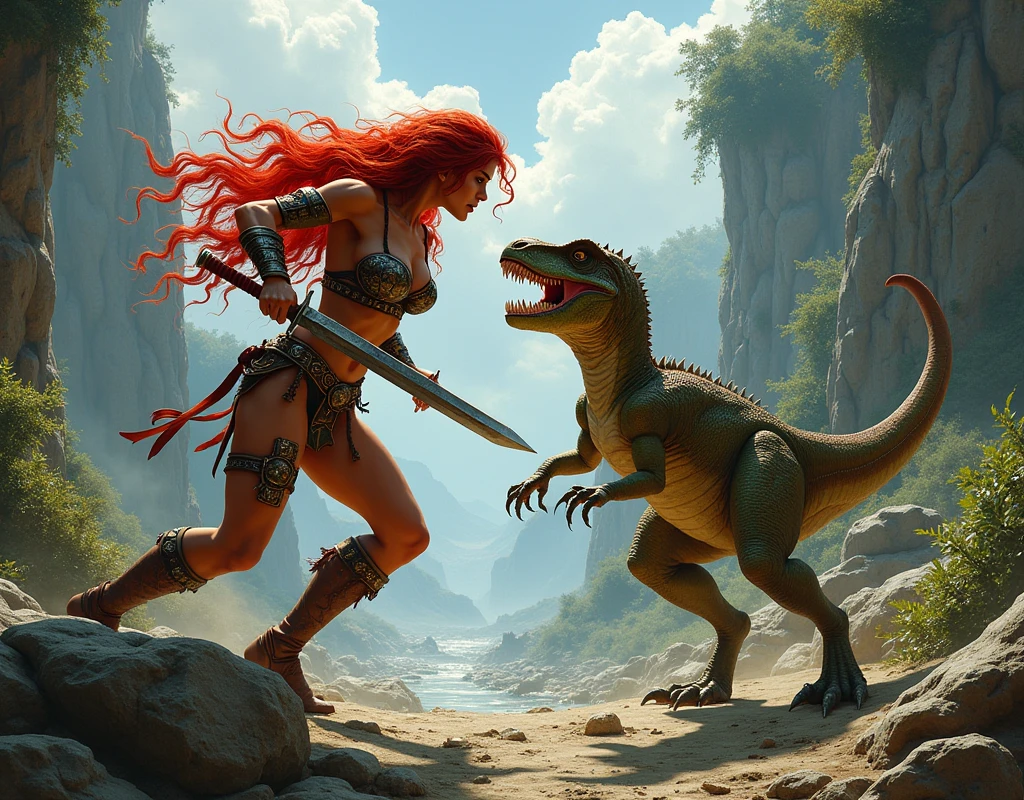 Red Sonja and a small dinosaur facing one another, battling each other.