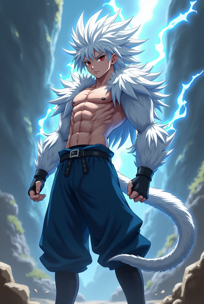 agers with long, spiky hair reaching to the waist, spiky white hair,muscular,Red eyes,shirtless,Silver fur on his arms and part of his abdomen and pectorals,Jin's dark blue pants,white monkey tail,black boots(anime style,dragon ball)