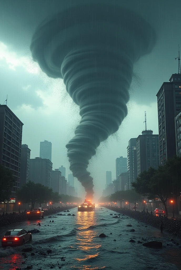 Tornado f5, in a city, during a strong storm, and a flood in the United States in a fire 