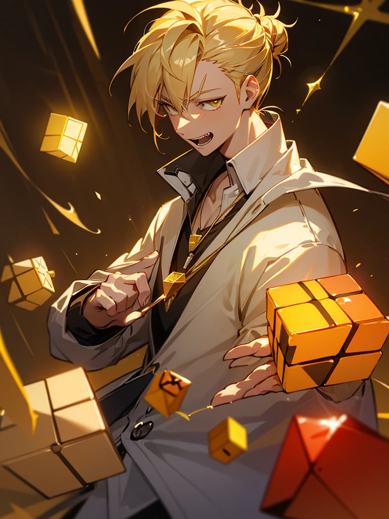 blonde hair, golden eyes, hair tied up into a bun, yellow detailed light from rubiks cube, casual outfit, jacket,, mature male, muscular, joyful expression, yellow rubiks cube, red gem necklace big red gem, red gem on chest, one fanged tooth