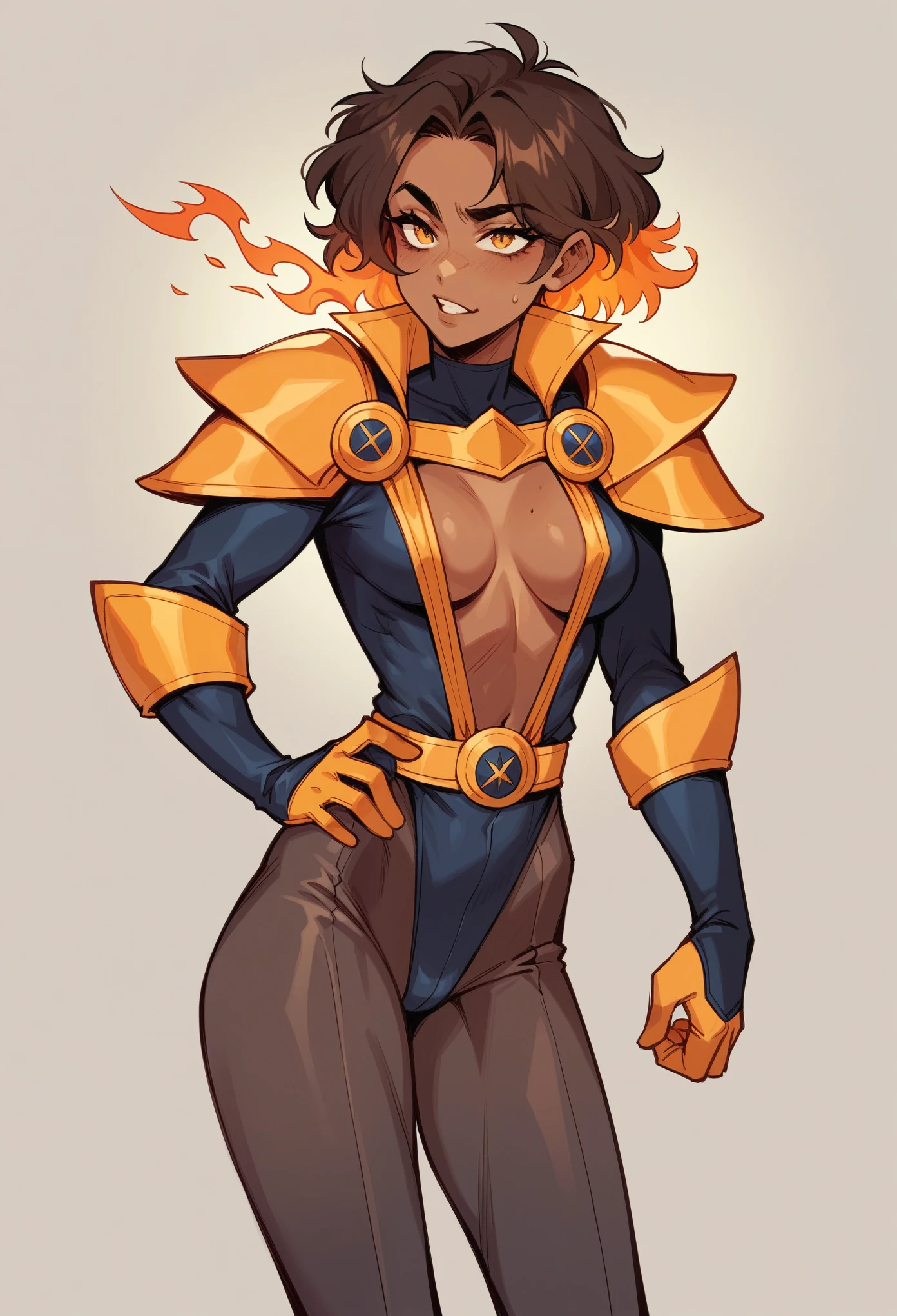 **hair**: Short and stylish, Bright yellow with hints of orange.
**body**: Slim and athletic figure, with medium skin tone mestizo or dark skin. Medium-sized and proportionate bust, with a subtle and natural musculature, similar to that of a young adult woman.
**CLOTHES**: A unique superhero costume with a plunging neckline in red, with yellow and orange details that imitate flames. The bottom has tight tights in red, showing the legs and with yellow and orange details on the sides. Red shoulder pads with yellow details, and matching gloves complete the look.
**style**: More anime or cartoon, with a stylized approach that highlights the character's personality and fiery theme.
**Character**: Show humility in your expression and posture, with an approachable and modest attitude, suitable for an adult woman