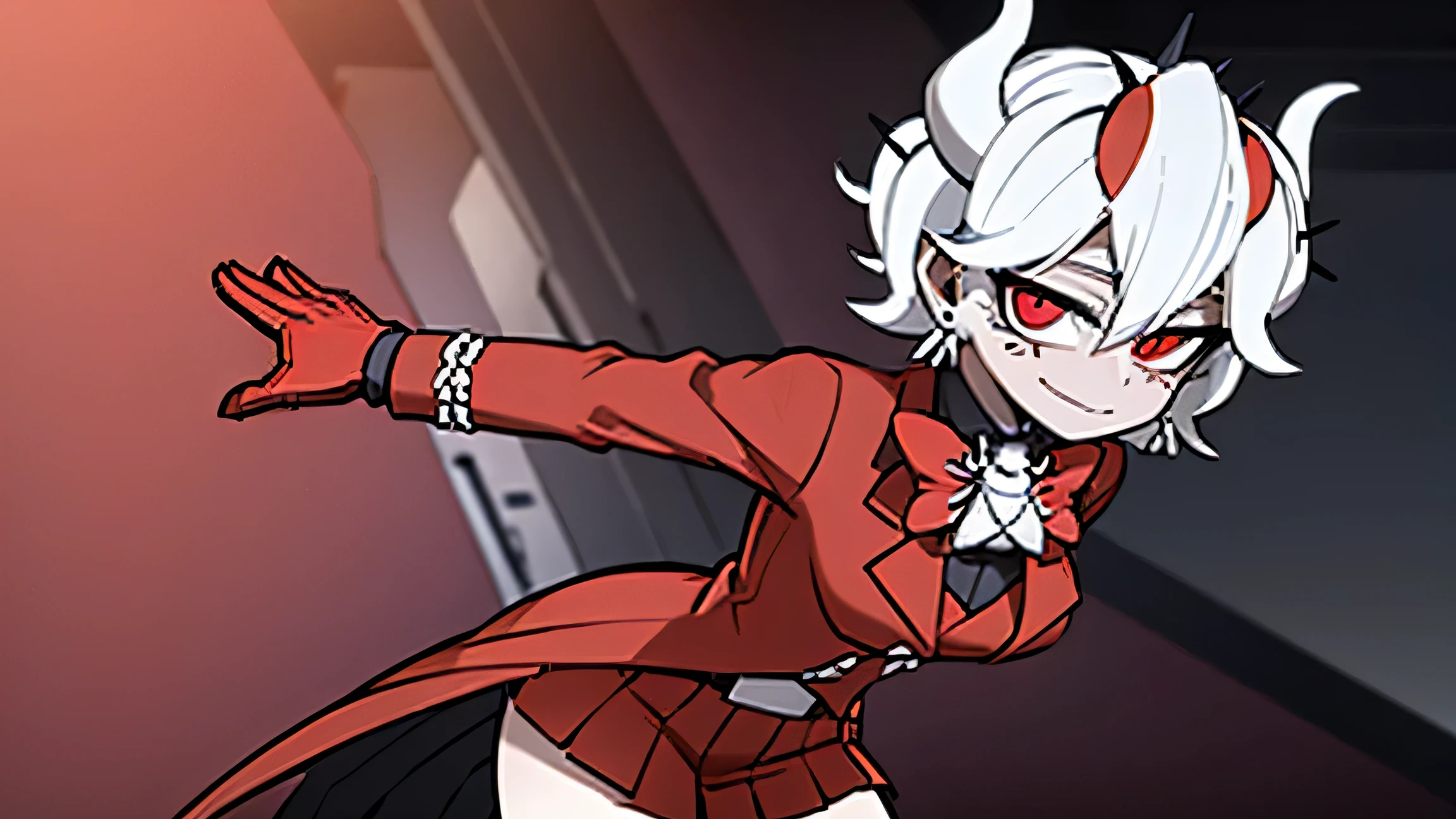 beelzebub(helltaker), red bowtie,1girl, looking at viewer, red eyes, demon horns, white hair, smile, earrings, closed mouth, demon girl, red gloves, gloves, jewelry, horns, white horns, solo, hair between eyes, cowboy shot, solo, short hair, school uniform, skirt, standing, leaning forward, arms behind back, smile, classroom