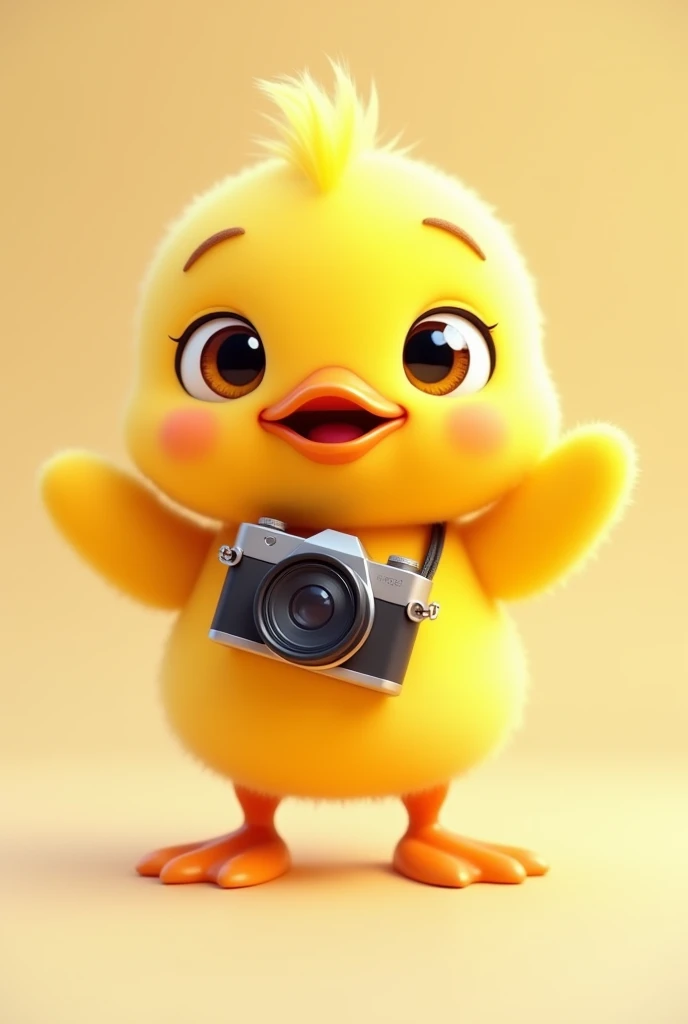 cute Yellow duck, animated cartoon , arms up, hands ,fluffy eyes, looking ahead at viewer, whole body, flegs, SLR camera, Yellow duck