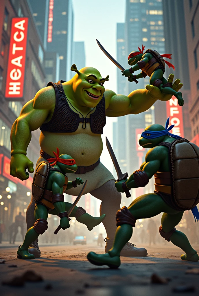 Put Shrek, Donkey and Puss in Boots fighting the Ninja Turtles