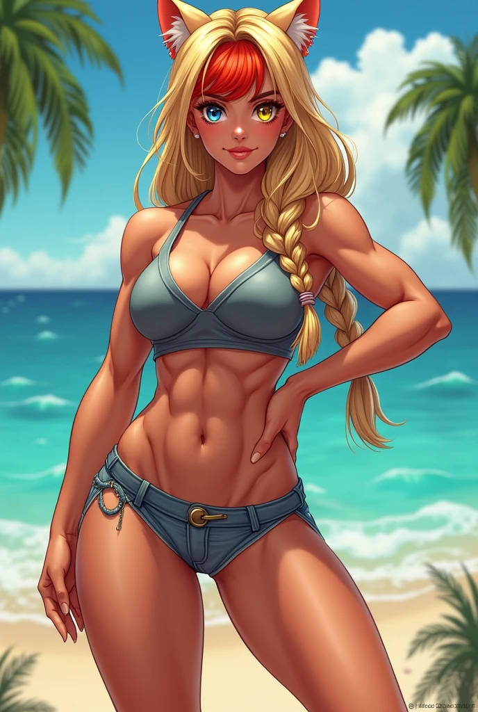 Very muscular woman body builder body of a professional fighter athletic great physical attributes tanned brown skin she has sun marks from her bra and thong panties in Vê, She is blonde with long hair with a single red fringe and has two long braids and cat ears., It has eyes of two different colors, the left one is pool blue and has a pool blue sclera, the right one is yellow and has a yellow sclera, both eyes have a cat's pupil, She is wearing very typical Brazilian clothing, a women's tank top, denim shorts and flip-flops.. Artstyle Vtuber