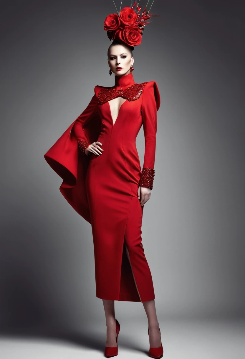 beautiful sexy woman, beautiful avant-garde style, full length , Beautiful red clothes , Accessories