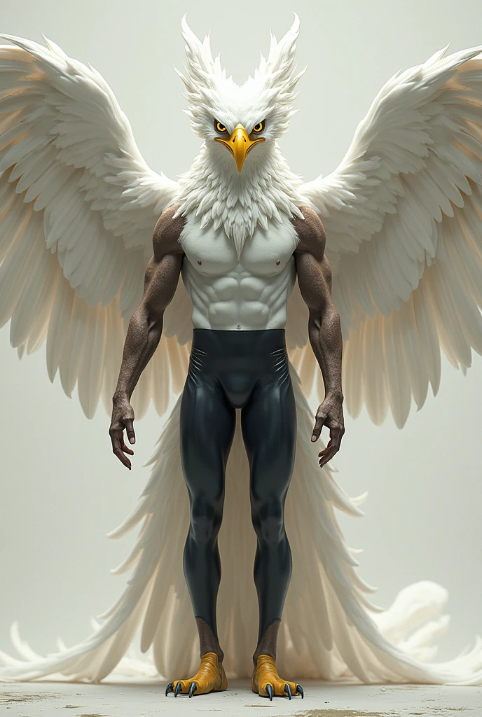 UMa águia fênix huManóide, Macho, offwhite, coM uM corpo adulto, stark.
Ele possui uM bico e olhos aMarelos.
He has wings and feathers.
realist art.
Full body.M,black leagwear