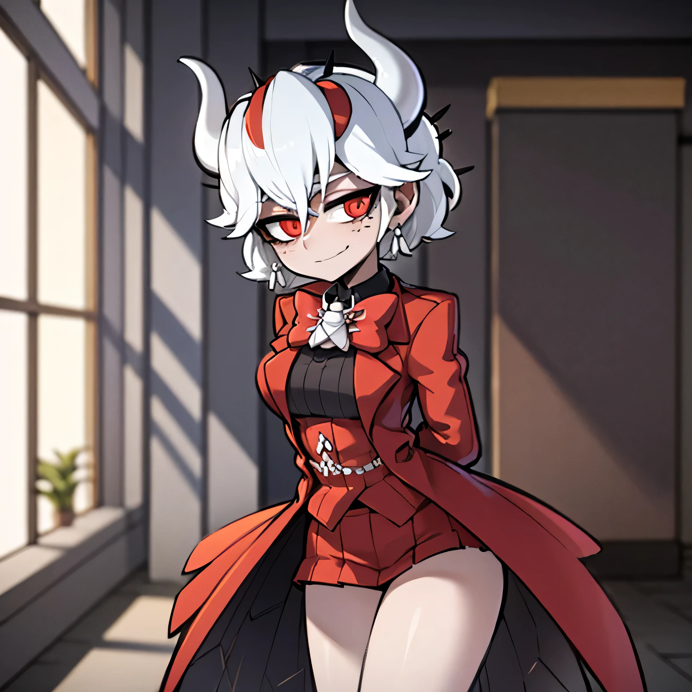 beelzebub(helltaker), red bowtie,1girl, looking at viewer, red eyes, demon horns, white hair, smile, earrings, closed mouth, demon girl, red gloves, gloves, jewelry, horns, white horns, solo, hair between eyes, cowboy shot, solo, short hair, school uniform, skirt, standing, leaning forward, arms behind back, smile, classroom