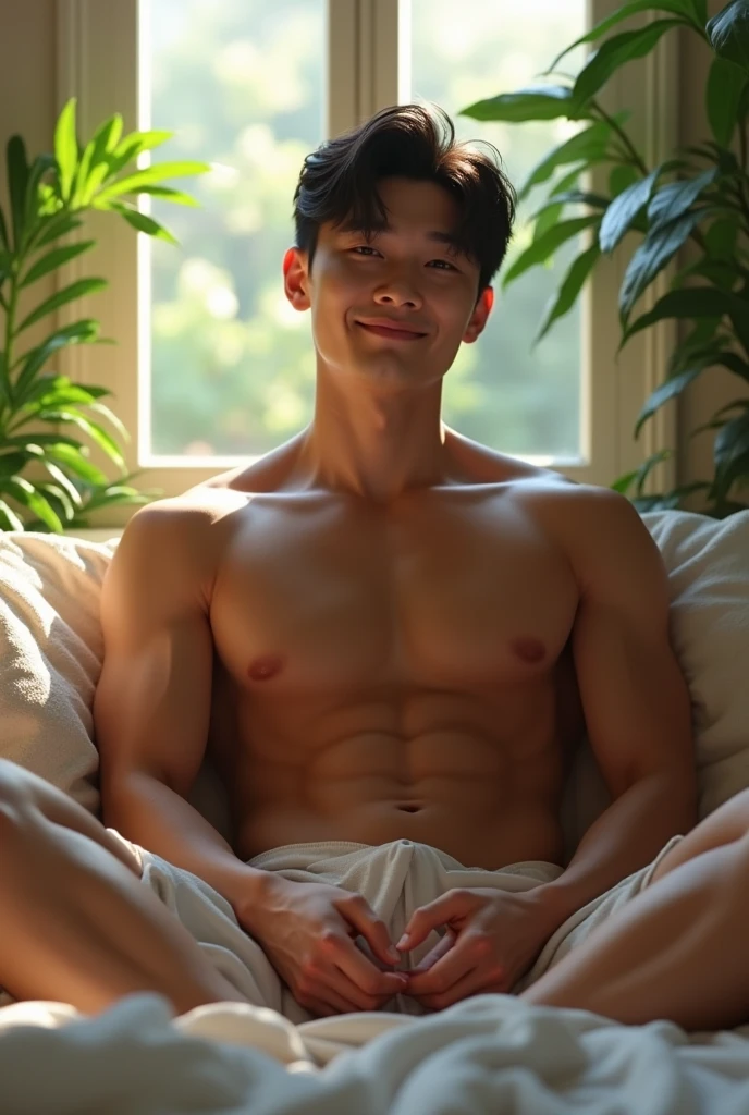 (photorealism:1.2), handsome Korean man, sitting on bed, naked, plants in background, window with sunlight, cozy room, relaxed pose, realistic, very muscular, he smiles with his big hard dick in his hands
