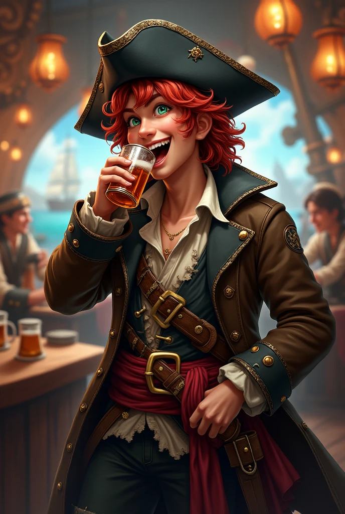 Create an image of a full human race pirate for D&D. A young pirate with long hair, curly and red, dark green eyes. He wears a black leather battered hat, wears a brown pirate trench coat, with a light shirt and a ruined vest underneath. In life he wears a red sash with a belt, above the belt two pirate sabres. He is drinking rum and laughing celebrating with other sailors in a pub with the largest pirate port in the world in the background. 