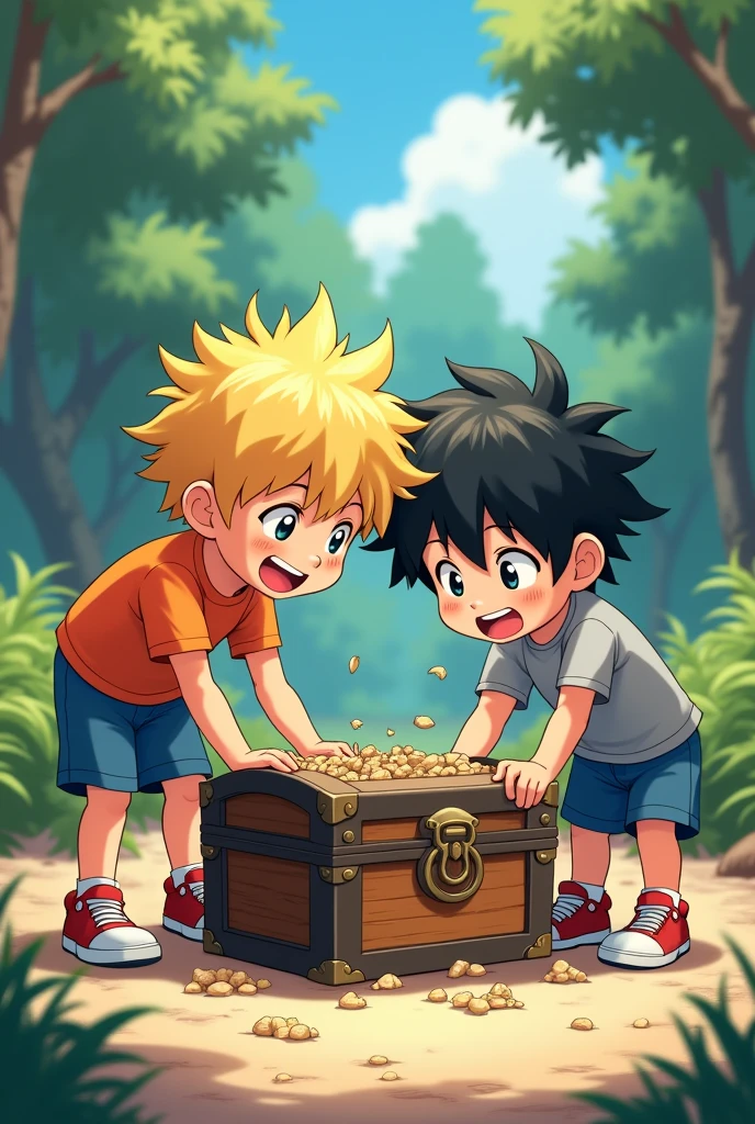 The boys excitedly dig around the chest with their hands.Anime styles 1 boy have golden hair and one have black hairs the golden hair boy wear an orange t-shirt and blue shorts and the black hair boy wear a grey shirt and blue shorts and both wear red and white shoes