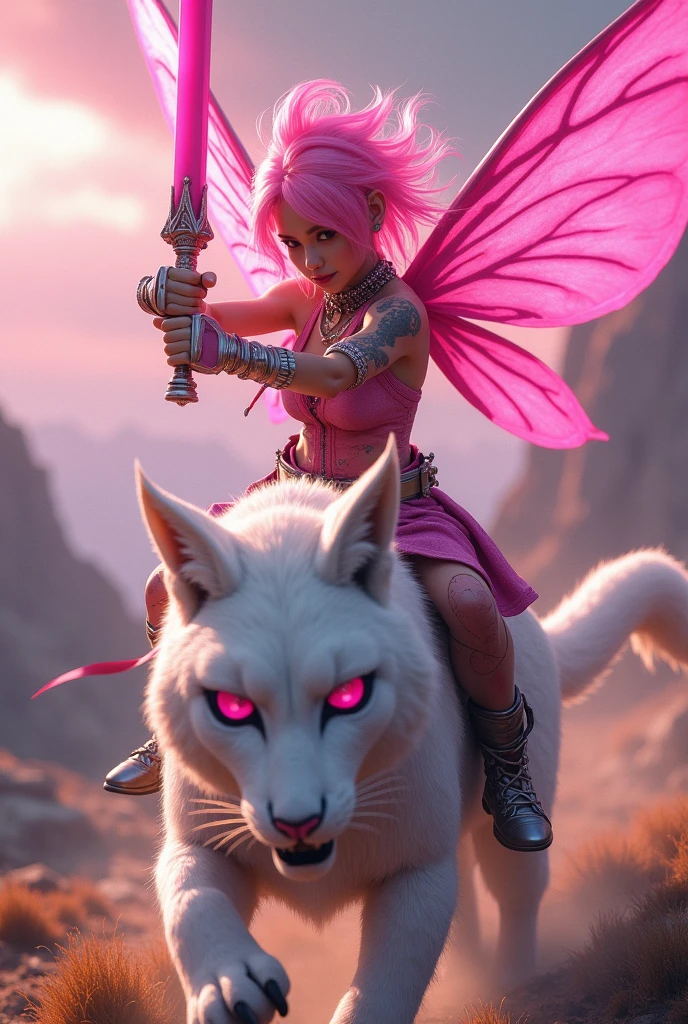 A pink hair edle fairy with a sharp pink sword, riding a white lynx with pink eyes and a sharp nose in a battle field in a valley of its own, with a backdrop of a pink sky with a sharp, defined border. HD, 8K, ultra-realistic, hyper-detailed, hyper-quality, bright lighting, faded. detalied face